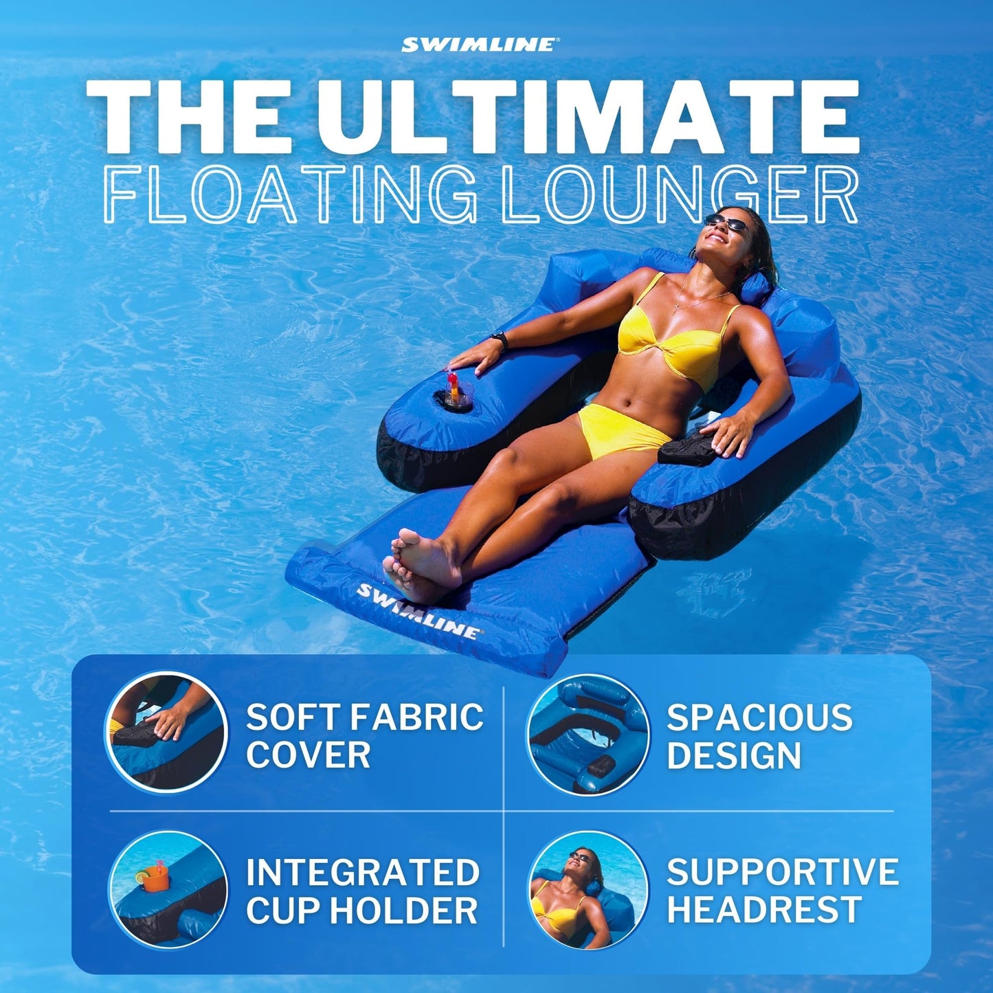 SWIMLINE ORIGINAL Fabric Covered Pool Float Mattress Ultimate Lounger Raft For mature-themeds & Kids | Back  Leg  & Arm Rests  Cup Holder  & Quick-Dry Cover For mature-themed Or Kid Floating & Lounging 9047