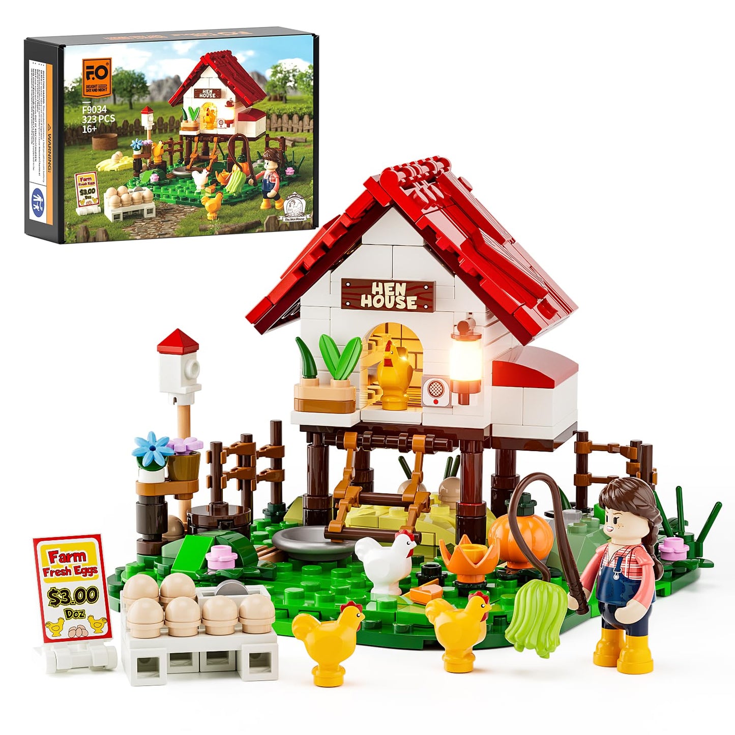 Funwhole Farm Hen-House Lighting Building-Bricks Set - Farm Life Chicken Henhouse And Animal Collection Led Light Construction Building Model Set 323 Pcs For Adults And Teen