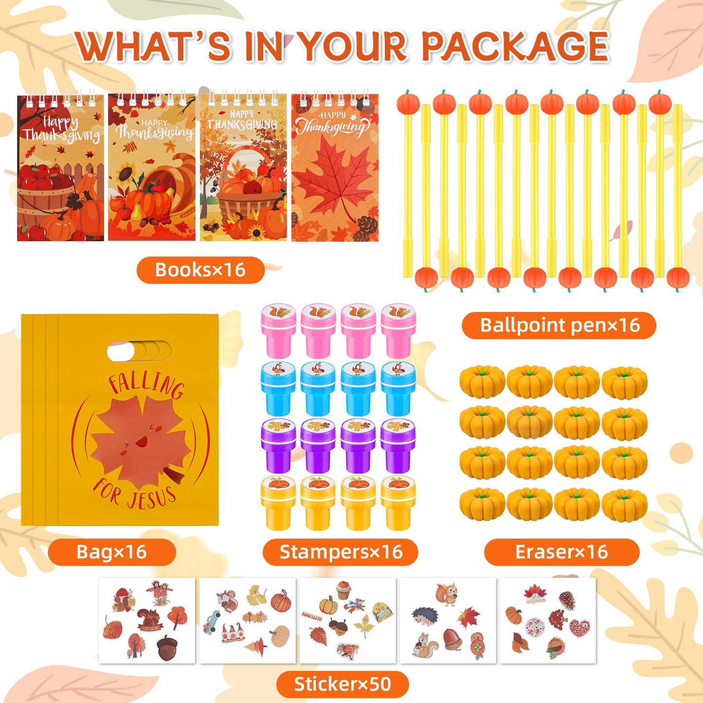 Saypacck 130 Pcs Fall Party Favors Thanksgiving Christian Party Gifts Pumpkin Maple Stationery Set Juses Treat Bags Fillers Mini