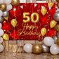 50th Birthday Backdrop Banner Decorations Red and Gold for Women Men Happy 50 Years Old Bday Background Photography Party Decor