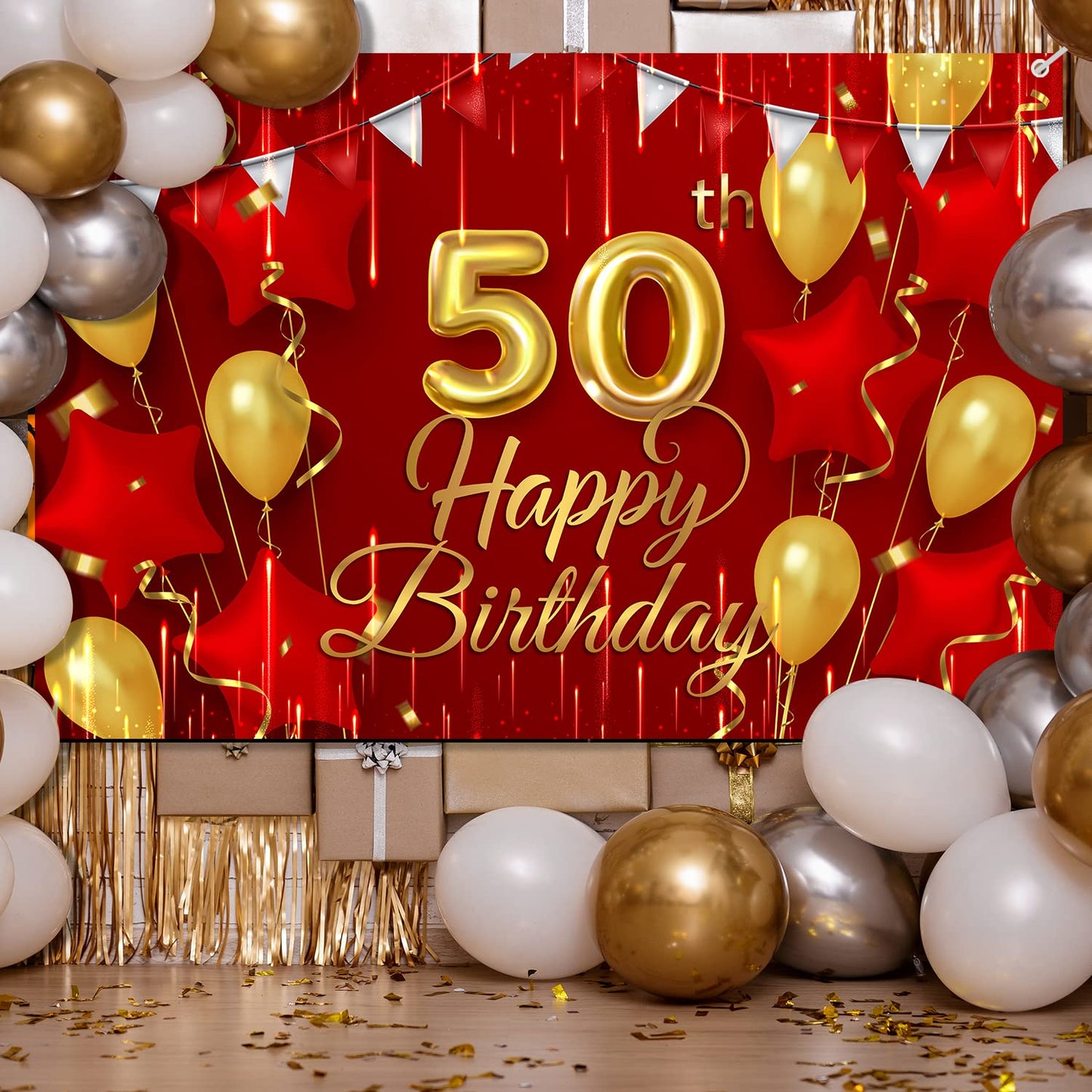 50th Birthday Backdrop Banner Decorations Red and Gold for Women Men Happy 50 Years Old Bday Background Photography Party Decor