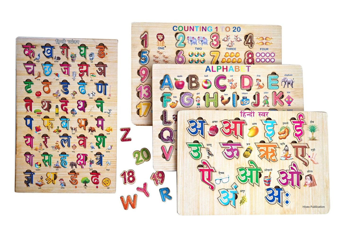 Wooden Learning Educational Puzzle Set For Kids | Puzzletoys For Kids | Set Of 4 | English Alphabet, Numbers, Hindi Varnmala (Sw