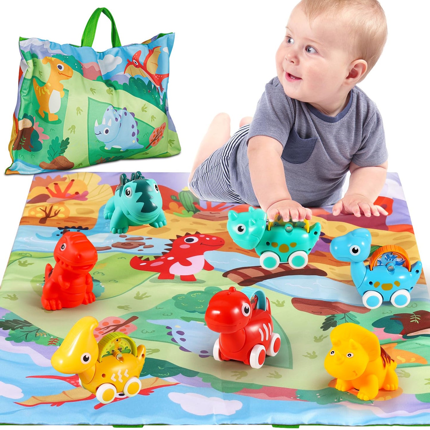 Alasou 7 Pcs Dinosaur Car Toys With Playmat/Storage Bag|1St Birthday Gifts For Toddler Toys Age 1-2|Baby Toys For 1 2 3 Year Old