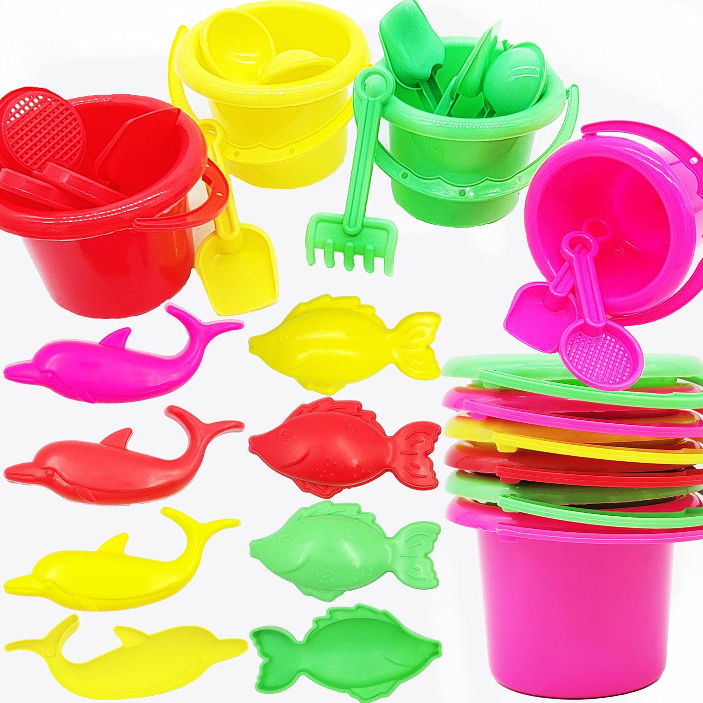 The Dreidel Company Mini Beach Day Playsets (Pack of 6) 3.25'' Sand Bucket Play Set Box Includes, Pail, Shovel, Rake, Sifter Sco