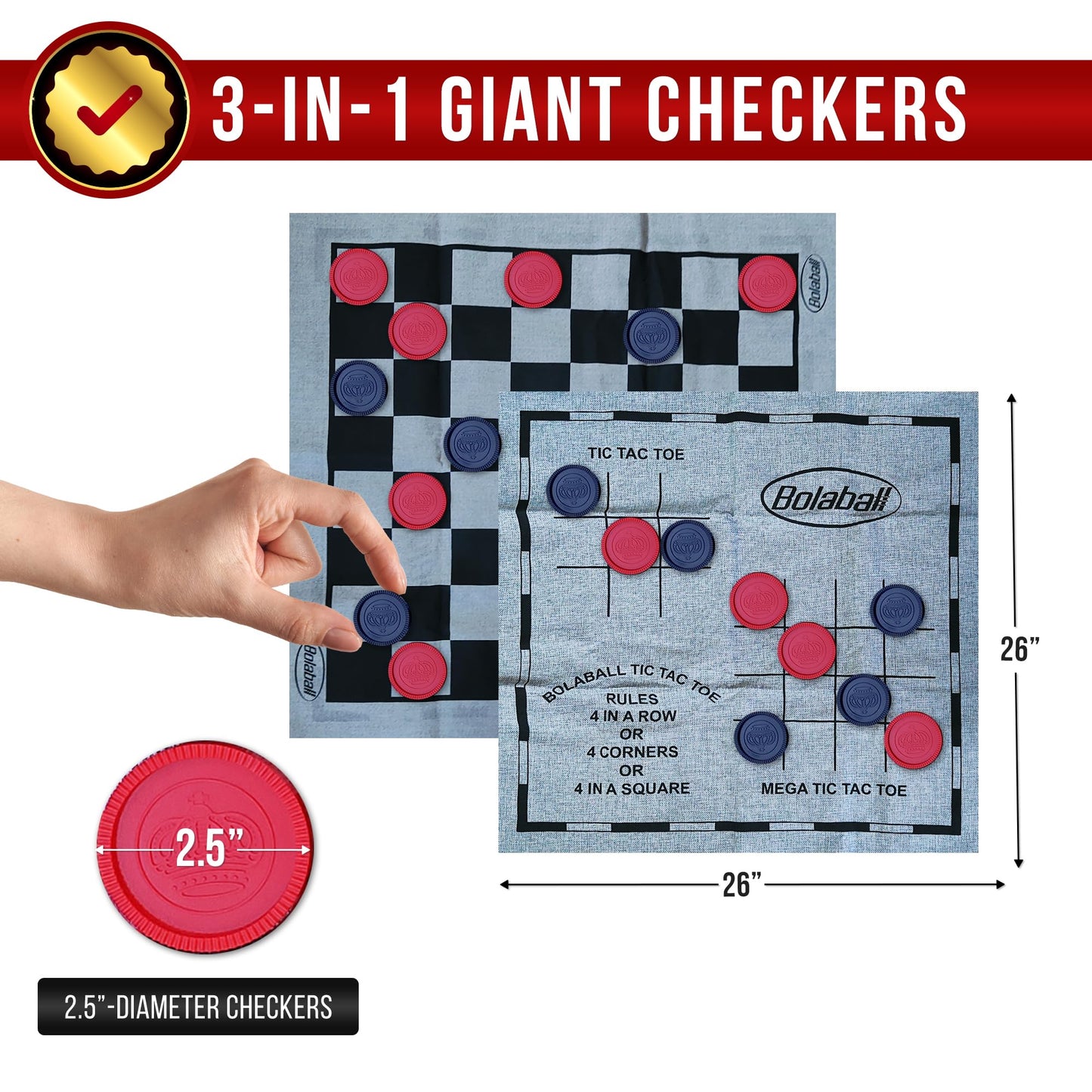Bolaball 3-In-1 Giant Checkers, Tic Tac Toe Jumbo Game, 26''X26'', Reversible Carpet, Indoor Outdoor Yard Board Game For Family