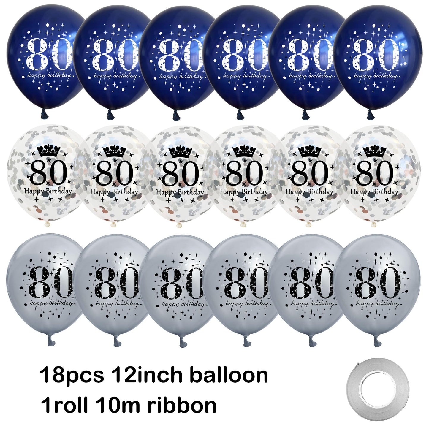 18Pcs Happy Birthday Balloons Decorations Navy Blue Silver 80Th Birthday Balloons Decoration Happy 80Th Birthday Confetti Latex