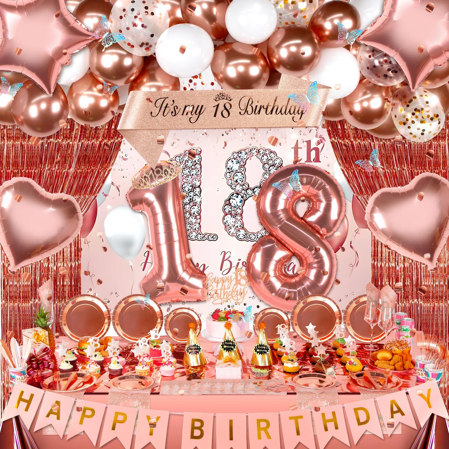 Hjingy 18Th Birthday Decorations For Girls, Rose Gold Party Decorations Include Balloons, Backdrop, Curtains, Banner, Sash, Crow