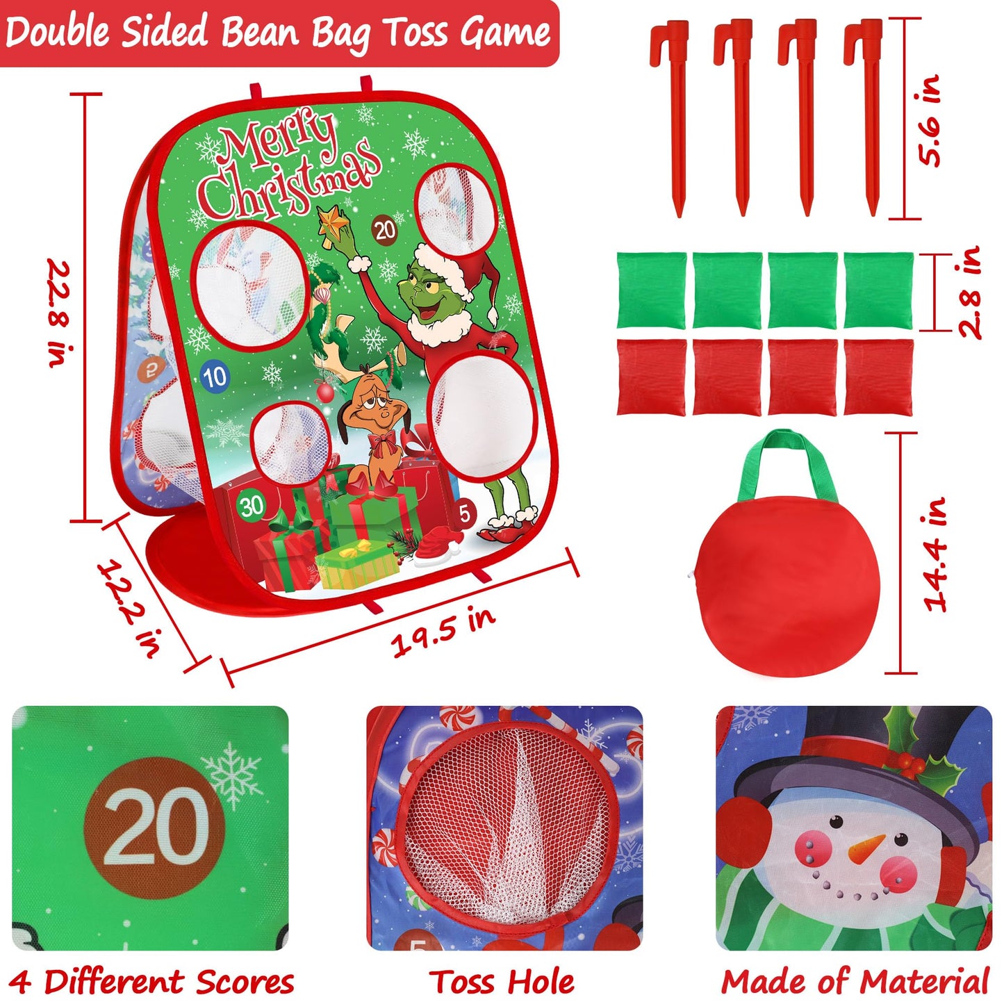 Christmas Bean Bag Toss Games For Kids, Christmas Party Games Double-Sided Collapsible Cornhole Board, Carnival Toys Gifts For B