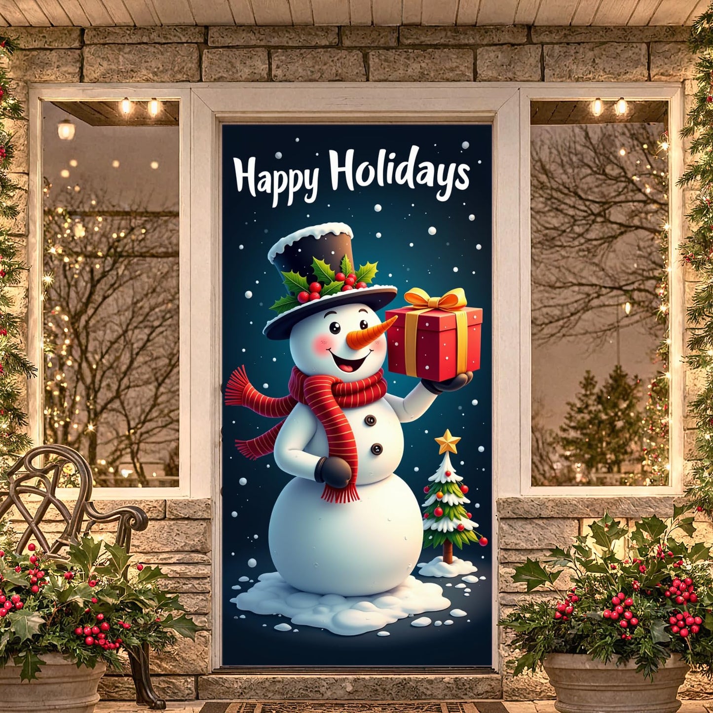 Large Christmas Snowman Door Cover Happy Holidays Door Banner Outdoor Decoration Winter Backdrop for Xmas Home Party Decor Banne