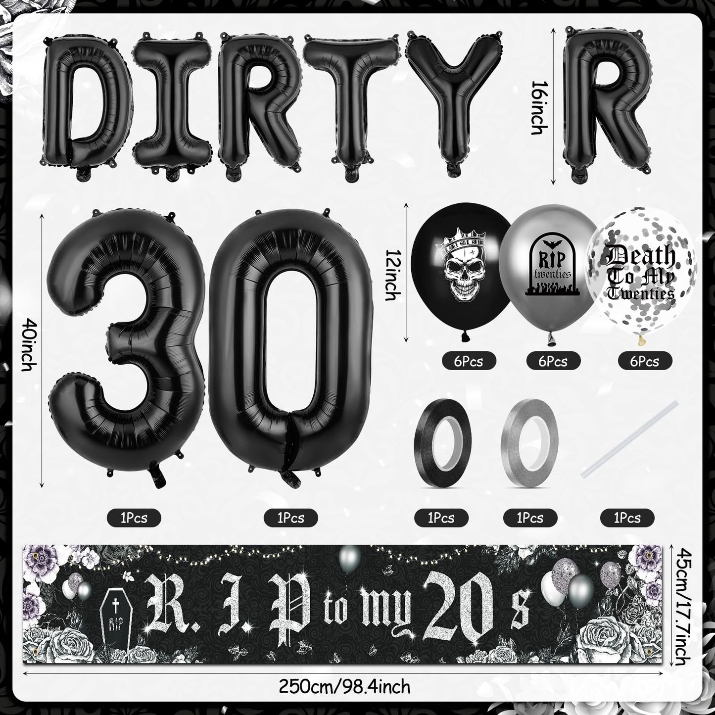 Dirty 30th Birthday Party Decorations for Her Him Death to My 20s Rip to My 20s Banner Balloons Birthday Decorations Black 30th