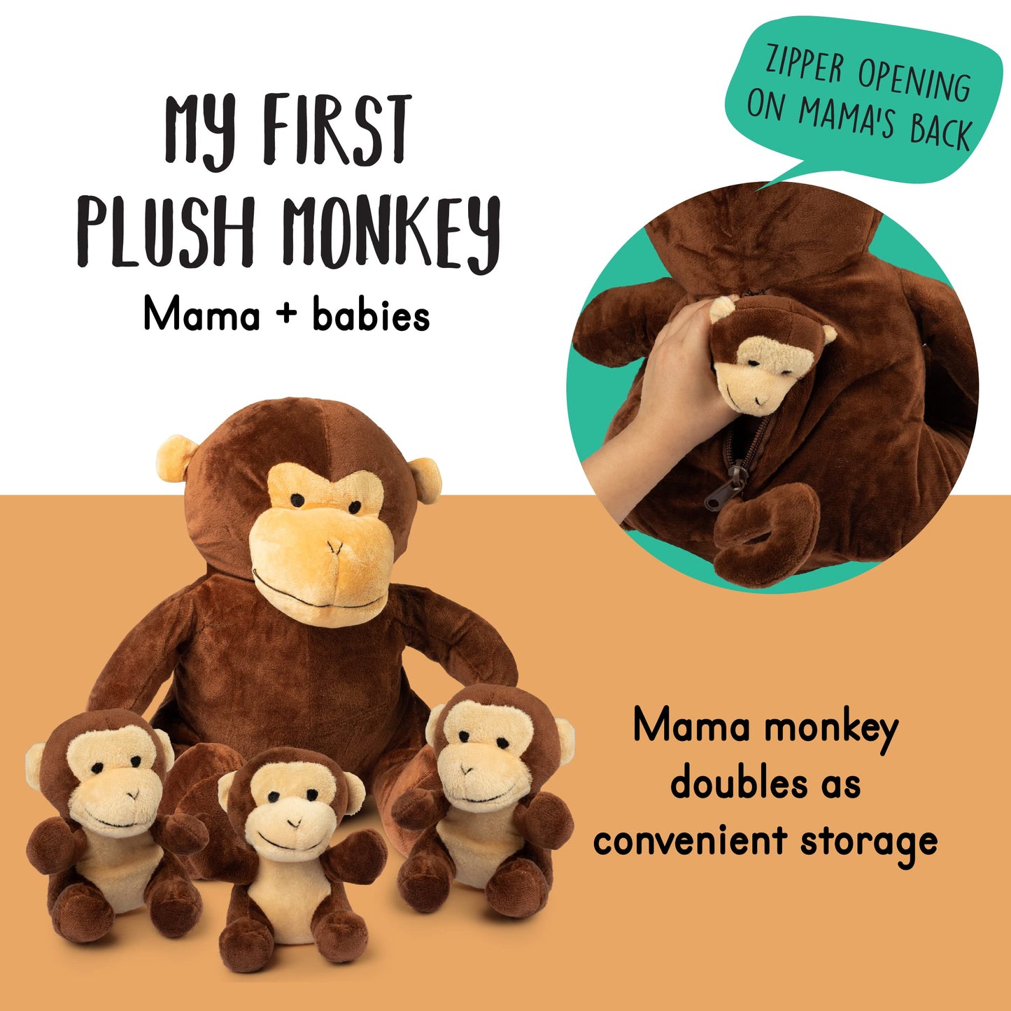 Plush Creations Talking Stuffed Mommy Monkey Set | 4 Piece Assortment | Brown Plush | Includes 3 Baby Monkeys | Ages 0+