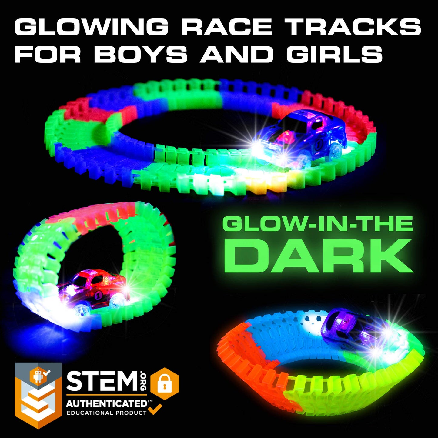 USA Toyz Glow Trax Race Track Set - 380pc Glow in The Dark, Large, Plastic, CF1302, Includes 2 LED Cars, 2 Bridges, STEM Toys for Kids