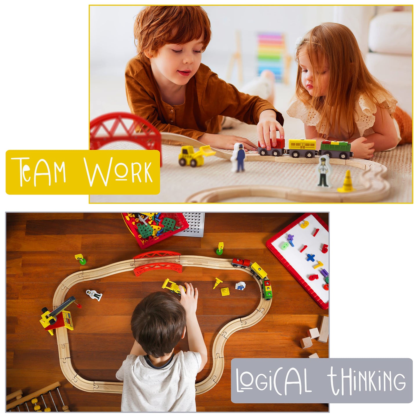 Kipipol Wooden Train Set – 38 Pcs for Toddlers – Multicolor with Crane & Tracks – Fits Thomas Brio IKEA Melissa & Doug