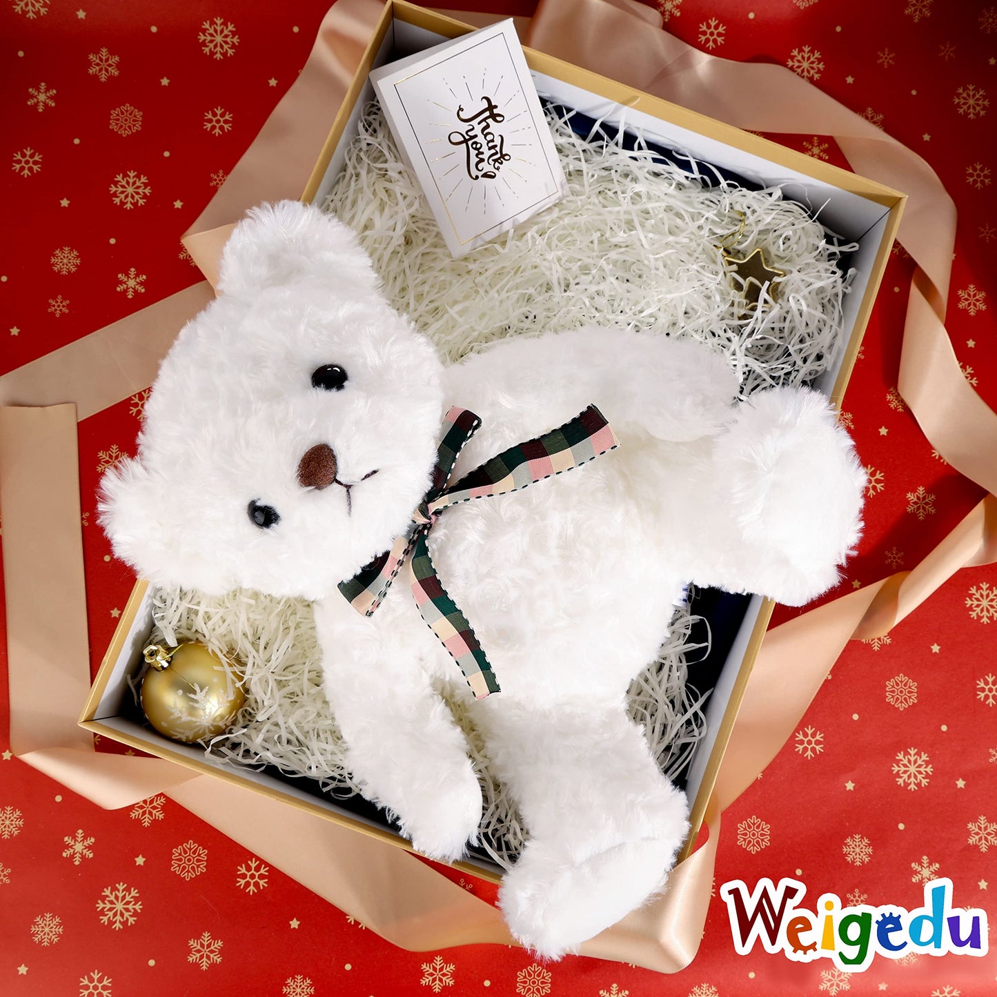 Weigedu Fluffy White Teddy Bear Stuffed Animals Plush Toys With Lattice Tie For Kids Babies Birthday Bedtime, 12 Inches