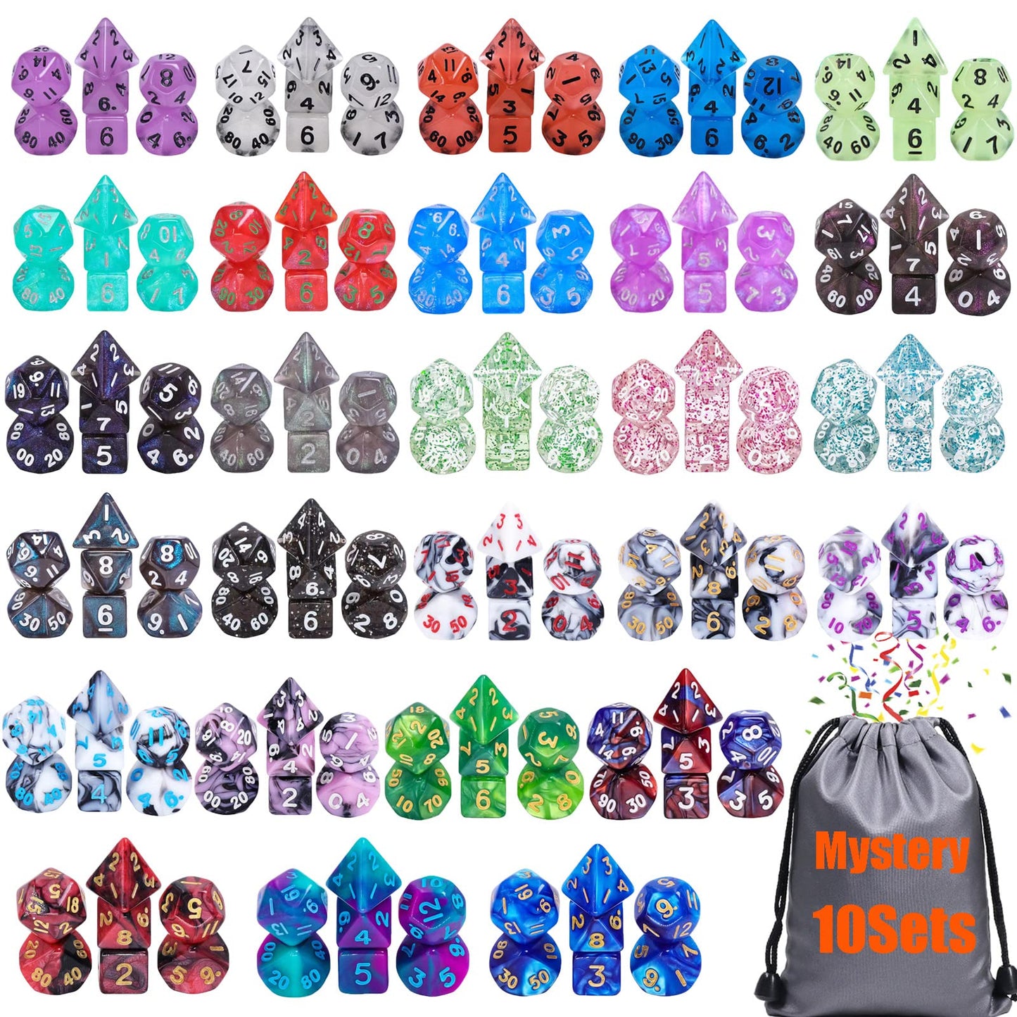 10 Sets Random Assortment Polyhedral RPG Mini Dice (70pcs),Surprise Mystery Mini Dice Set,10mm Mini DND Magic The Gathering Dice