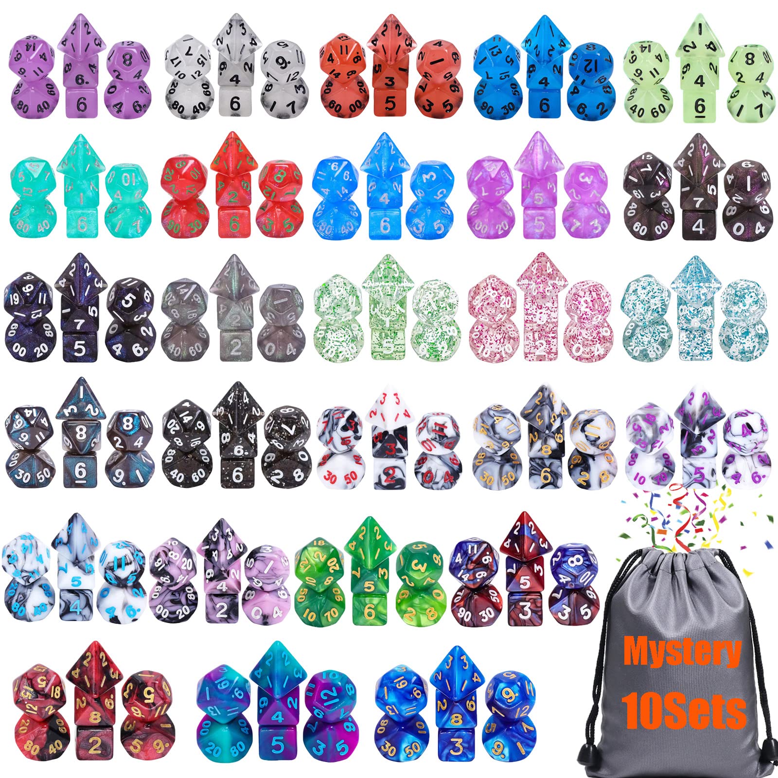 10 Sets Random Assortment Polyhedral RPG Mini Dice (70pcs),Surprise Mystery Mini Dice Set,10mm Mini DND Magic The Gathering Dice