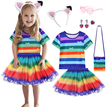 Yodison Cat Dollhouse Rainbow Tutu Dress For Girls, Birthday Outfit Set Costumes With Headband And Bag Halloween Party (120Cm/4-