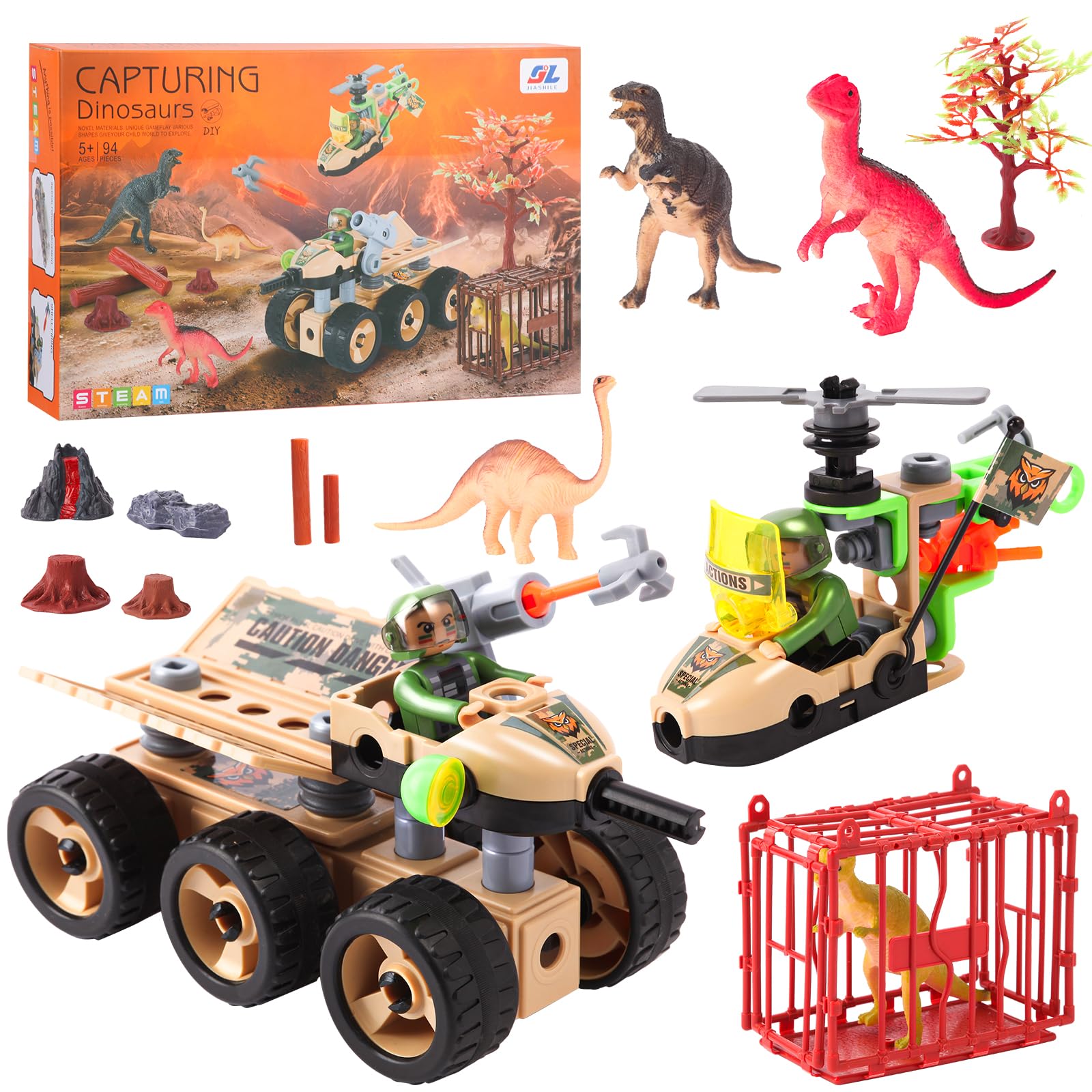 Dinosaur Building Toys, Stem Learning Toys 5+ Years,Dinosaur Park World,Capture Jurassic Play Set With Armored Car,Helicopter,4