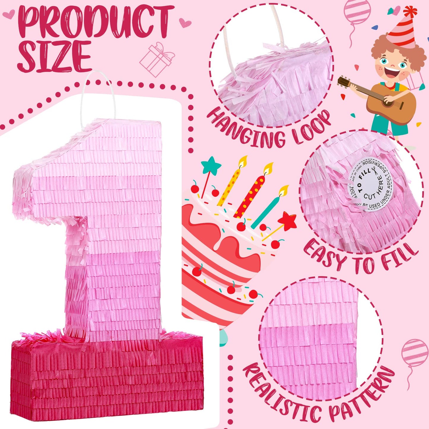 Sratte Number Piñata Number Birthday Piñata Decorations Gradient Pink Piñata With Stick Blindfold Confetti For Girls Boys Birthday Anniversary Party Decorations Supplies(Number 1)