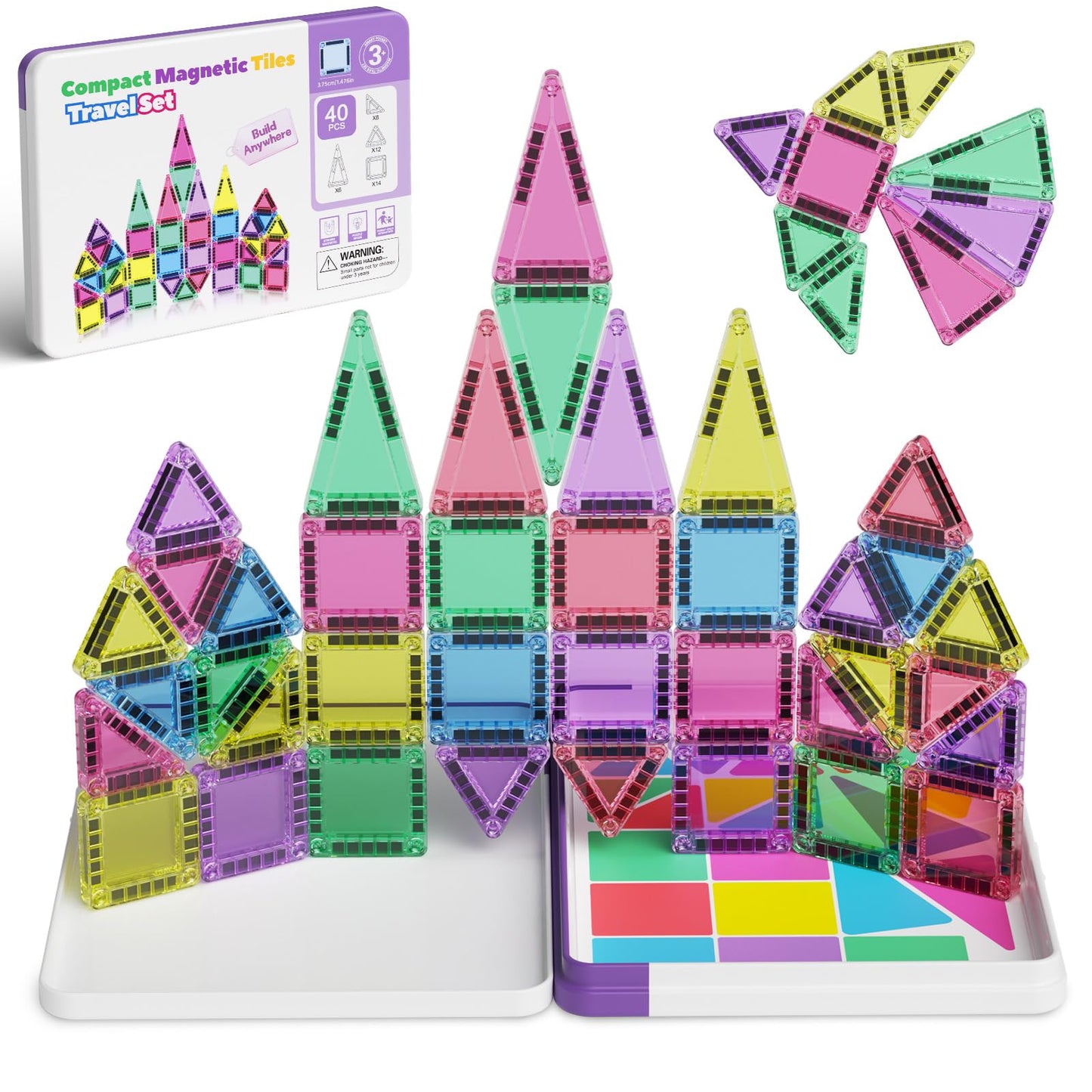 Magnetic Tiles For Kids Ages 4-8, 40 Pieces Mini Magnetic Building Blocks,Magnet Tiles Travel Construction Set With Storage Iron