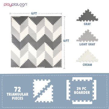 Play Platoon Non-Toxic Extra-Thick 96 Piece Triangle Play Mat - Comfortable 6X6Ft Cushiony Foam Floor Puzzle Exercise Mat For Kids & Toddlers - Gray & Cream