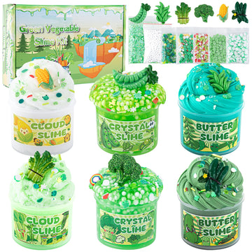6 Packs Gradient Green Slime Kit - Cloud Slime, Butter Slime & Clear Slime, Crunchy Slime For Kids With Various Slime Add-Ins, Non Sticky Slime Party Favors For Girls And Boys, 360Ml Vegetable Slime
