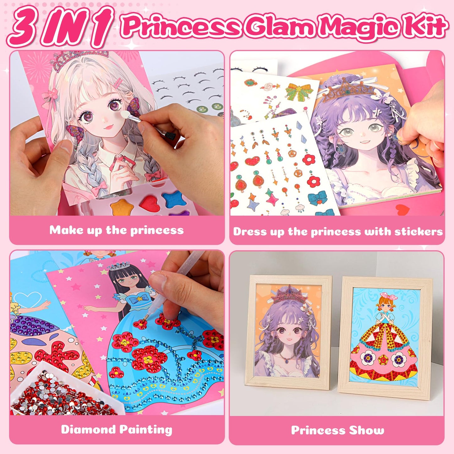 MAIDENG Art Crafts Activity for Kids, 3 in 1 Paper Dolls for Girls Ages 4-7, Princess Paper Makeup Toys & Paper Craft Kit, Diamo