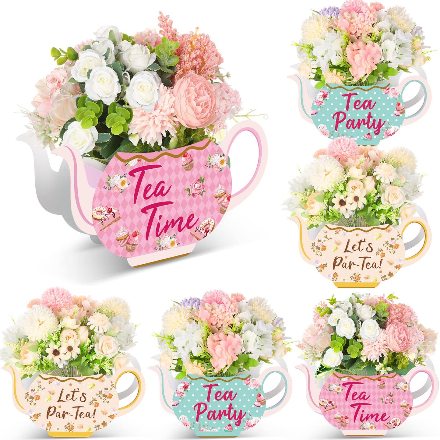Yinder 6 Pcs Tea Party Decorations Princess Party Flower Boxes Centerpiece Floral Teapot Centerpiece for Floral Tea Themed Birth