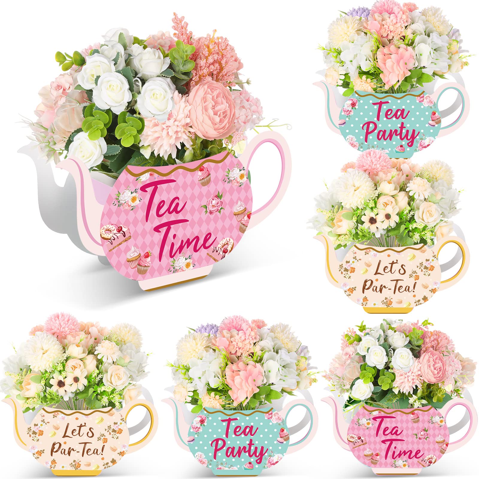 Yinder 6 Pcs Tea Party Decorations Princess Party Flower Boxes Centerpiece Floral Teapot Centerpiece for Floral Tea Themed Birth