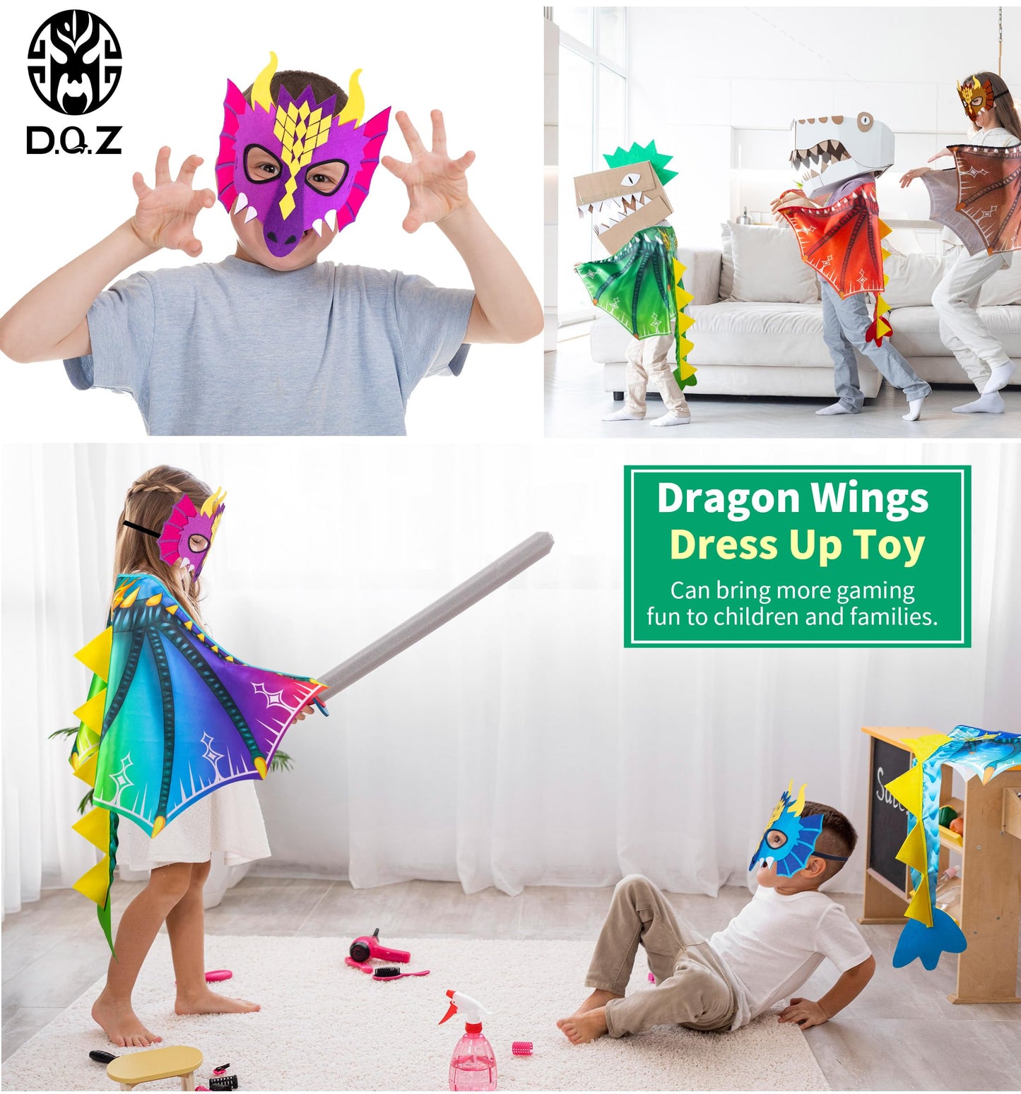 D.Q.Z Toddlers Dinosaur-Dragon-Wings Costume For Kids With Mask, Dino Cape Boys Dress Up Birthday Party Toys Gifts (Rainbow)