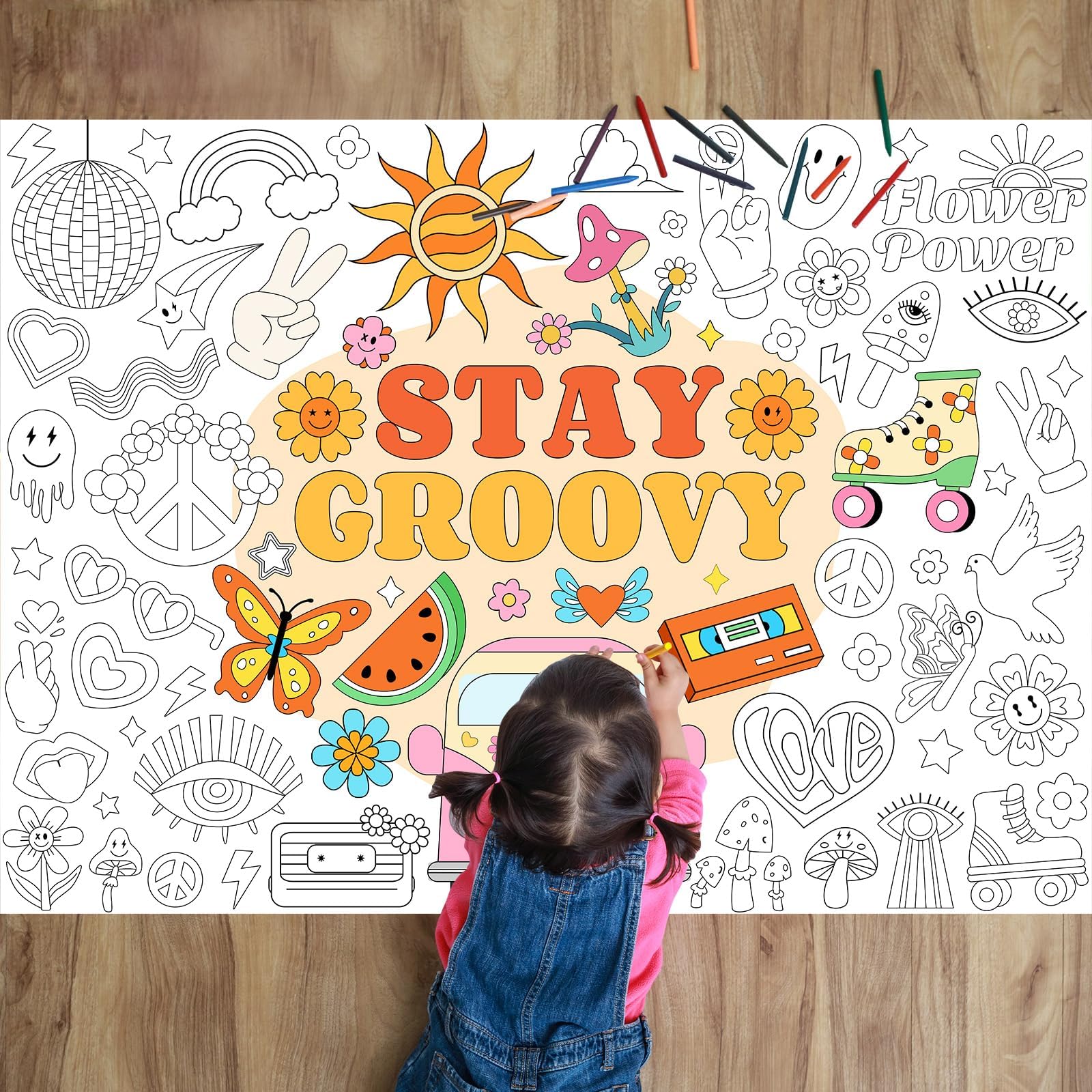 Naozinebi Groovy Coloring Poster For Kids Giant Coloring Poster Large Boho Hippie Coloring Tablecloth Jumbo Coloring Books For K