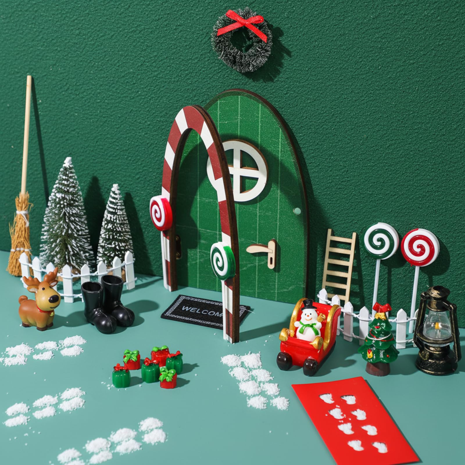 Gerrii 25 Pcs Green Christmas Elf Fairy Doors Decorations Miniature Enchanted Fairy Door Kit Tiny Elf Christmas Decor Accessorie