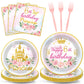 96PCS Princess 6th Birthday Party Plates and Napkins and Forks Set for Princess Party Pastel Castle Dessert Plates Disposable De