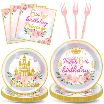 96PCS Princess 6th Birthday Party Plates and Napkins and Forks Set for Princess Party Pastel Castle Dessert Plates Disposable De