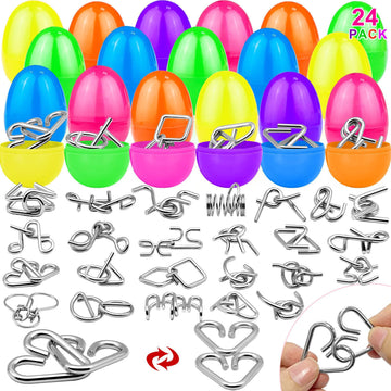 24 Pack Prefilled Easter Eggs With Metal Brain Teaser Puzzle Toys, Basket Stuffers Fillers Stress Relief Fidget Toys For Teens A