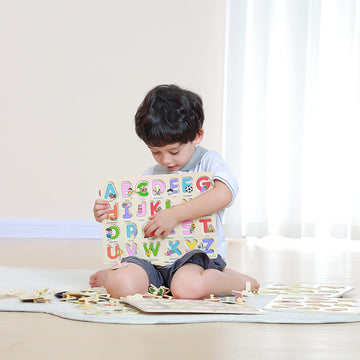 Grinnnie Wooden Peg Puzzle For Toddlers 2 3 4 Years Old, 4 Pcs Montessori Educational Learning Puzzles Set-Numbers, Letters, Animals And Fruits, Great Preschool Gifts For Girls And Boys
