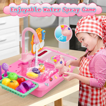 deAO Play Sink with Running Water, Kitchen Sink Toys with Water Spray Toy, Color Changing Dishes, Upgraded Rear Faucet, Play Kit