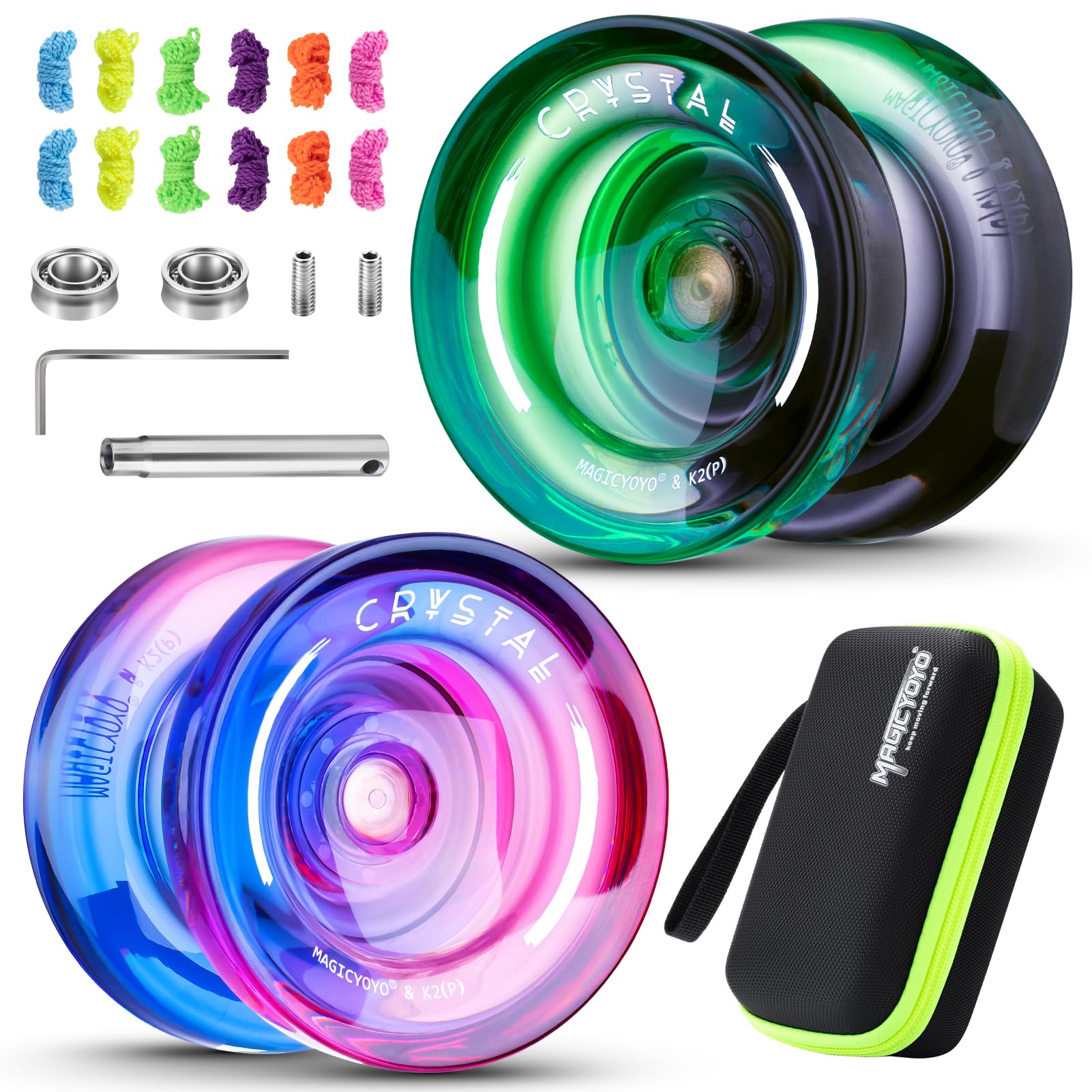 Magicyoyo K2 Professional Yoyo Set - 2 Pack Dual Mode (Responsive/Unresponsive) With 12 Strings, Bearing Tool & Case - Best For