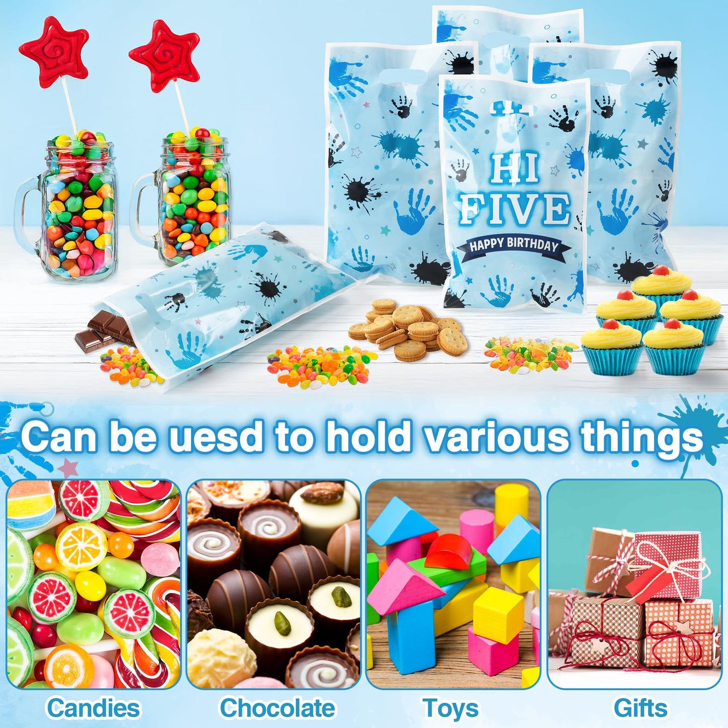 ArianQicult Hi Five Party Favor Bags - 50Pcs Blue High 5 Year Old Goody Candy Treat Gifts Bags 5th Birthday Painting Decorations
