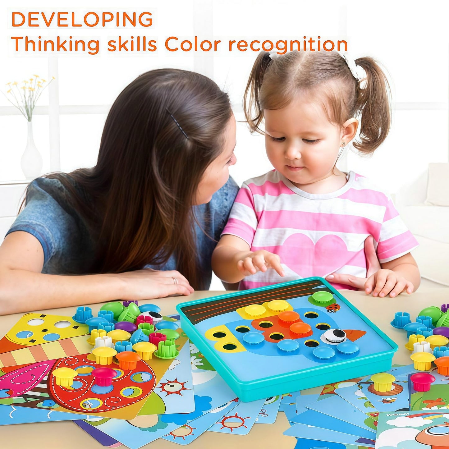 TINOTEEN Button Art Toy - Educational Mosaic Pegboard for Toddlers, Includes 50 Buttons & 18 Pictures, Model JD-TT-BA, Plastic Construction