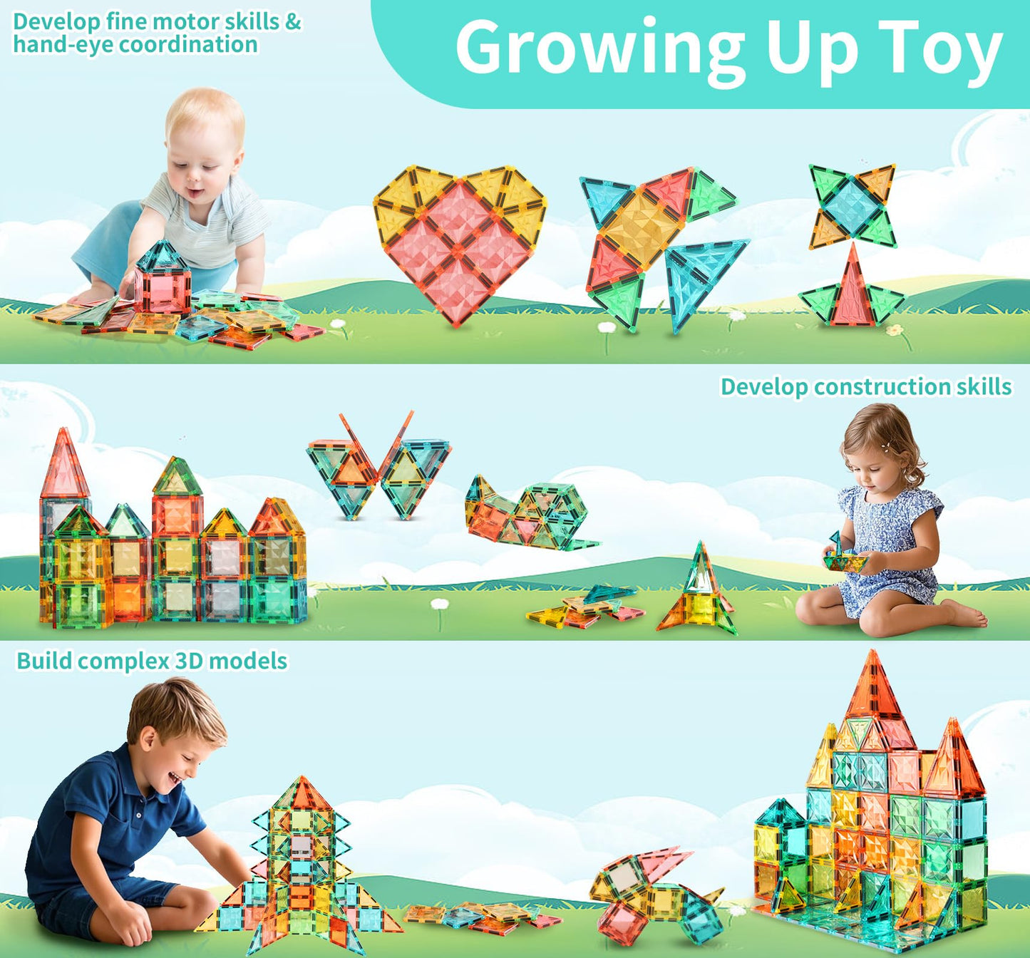 Yrztiles Magnetic Tiles,Magnet Building Blocks Construction Stacking Educational Toy Creative Playboard For Kids Ages 3+ (032 Pi