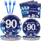 96 Pcs 90Th Birthday Party Supplies Navy Blue And Silver Birthday Plates 90Th Birthday Paper Tableware Happy Birthday Party Plat