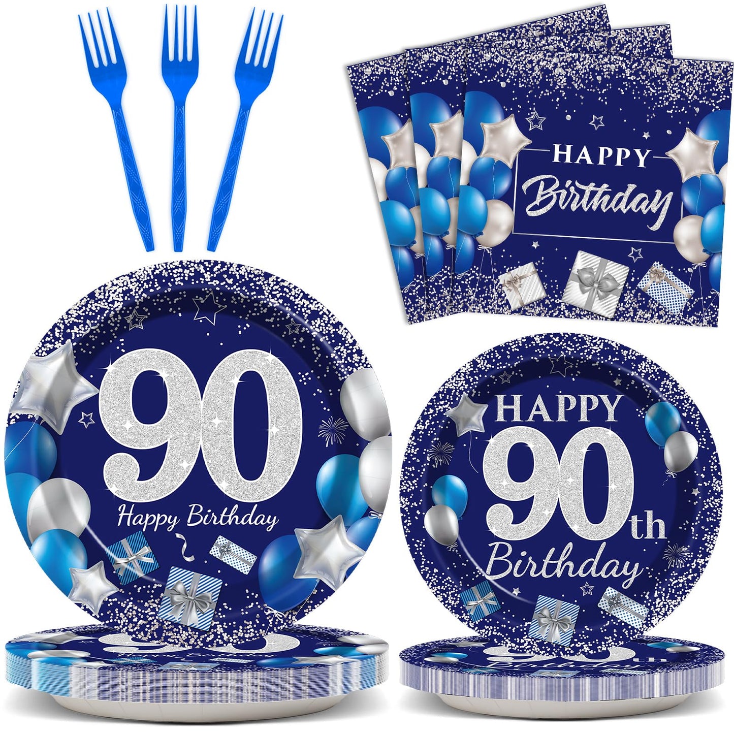 96 Pcs 90Th Birthday Party Supplies Navy Blue And Silver Birthday Plates 90Th Birthday Paper Tableware Happy Birthday Party Plat