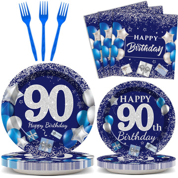 96 Pcs 90Th Birthday Party Supplies Navy Blue And Silver Birthday Plates 90Th Birthday Paper Tableware Happy Birthday Party Plat