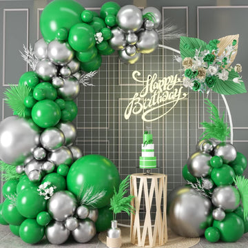 Green And Silver Balloon Garland Kit, 100 Pcs Metallic Silver And Dark Green Balloon Arch Kit, Metallic Silver And Latex Green Balloons Different Sizes For Jungle Safari Themed Party Party Decorations