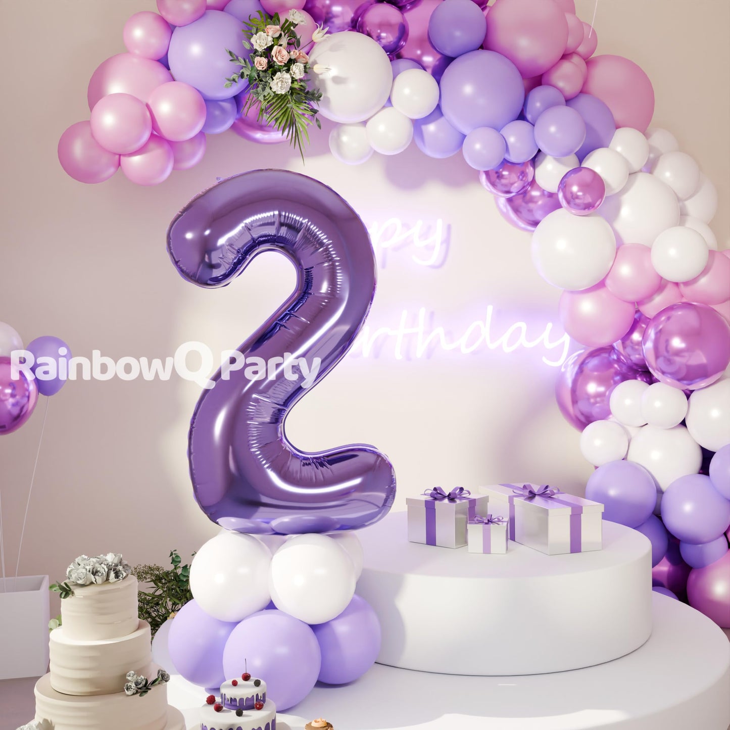 Rainbowq Party 2 Balloon Number 40 Inch For Boy Or Girl Big Purple 0-9 Foil Mylar Large 2 Number Balloon Happy 2Nd Birthday Part