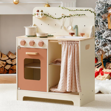 ROBOTIME Kids Play Kitchen Set - Rustic Wooden Kitchen Sets, Pretend Play Kitchen with Leaf Light String, Apron, and Groves, for