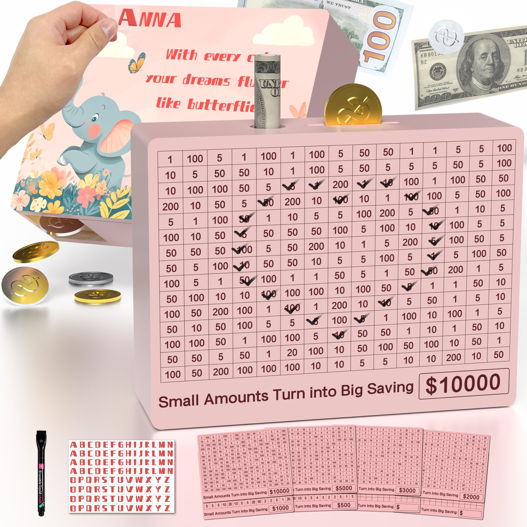 Personalized 10000 Savings Challenge Box With 8 Targets($500-5000), Reusable Wooden Money Saving Box 10000 With Easy-Pull Door,W