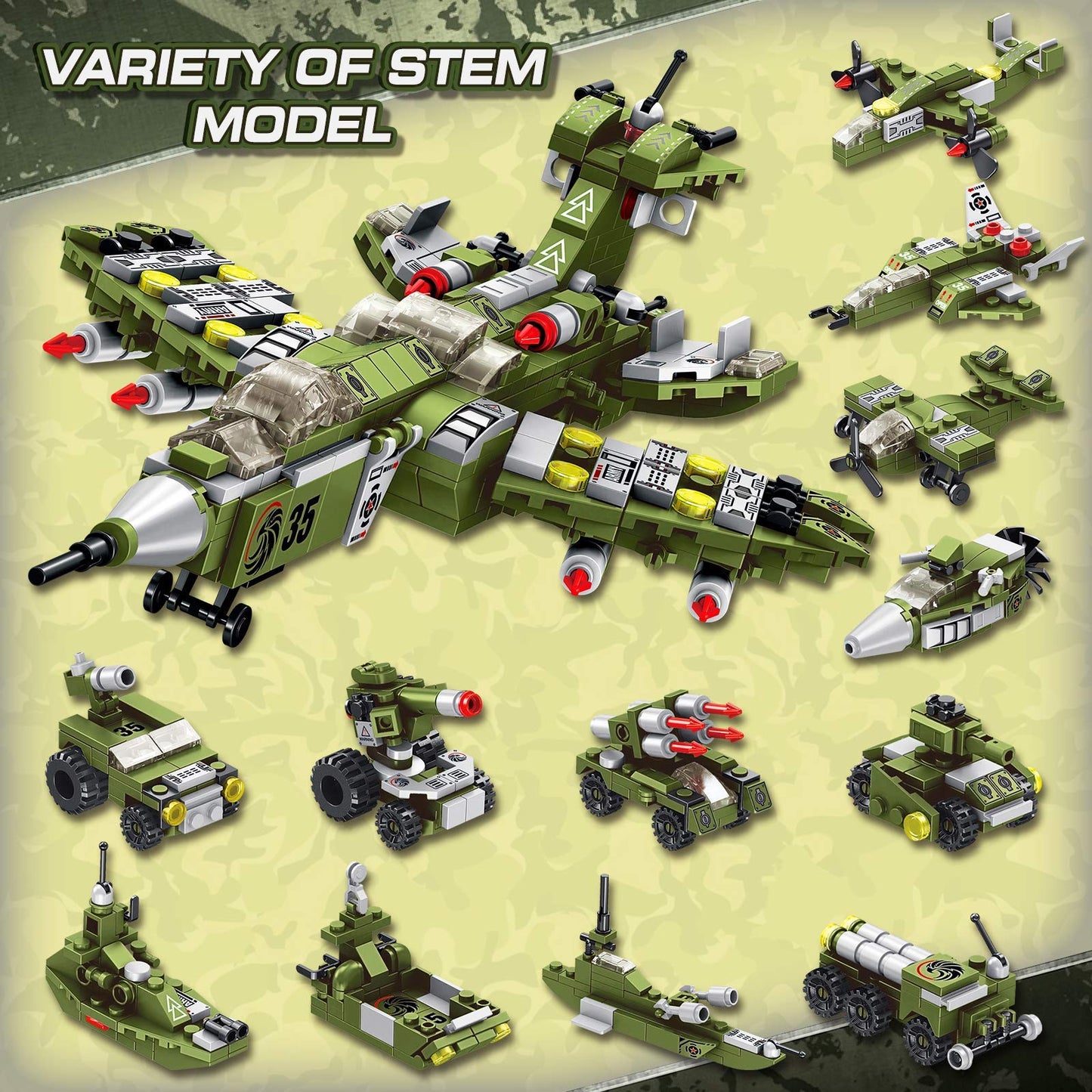 Wideland Stem Building Block Toys, 576Pcs Military Engineering Building Bricks Toy For Kids, 25-In-1 Army Destroyer Fighter Tank Playset Construction Kits, Idea Toy Gifts For Age 6 7 8 9 10+ Years Old