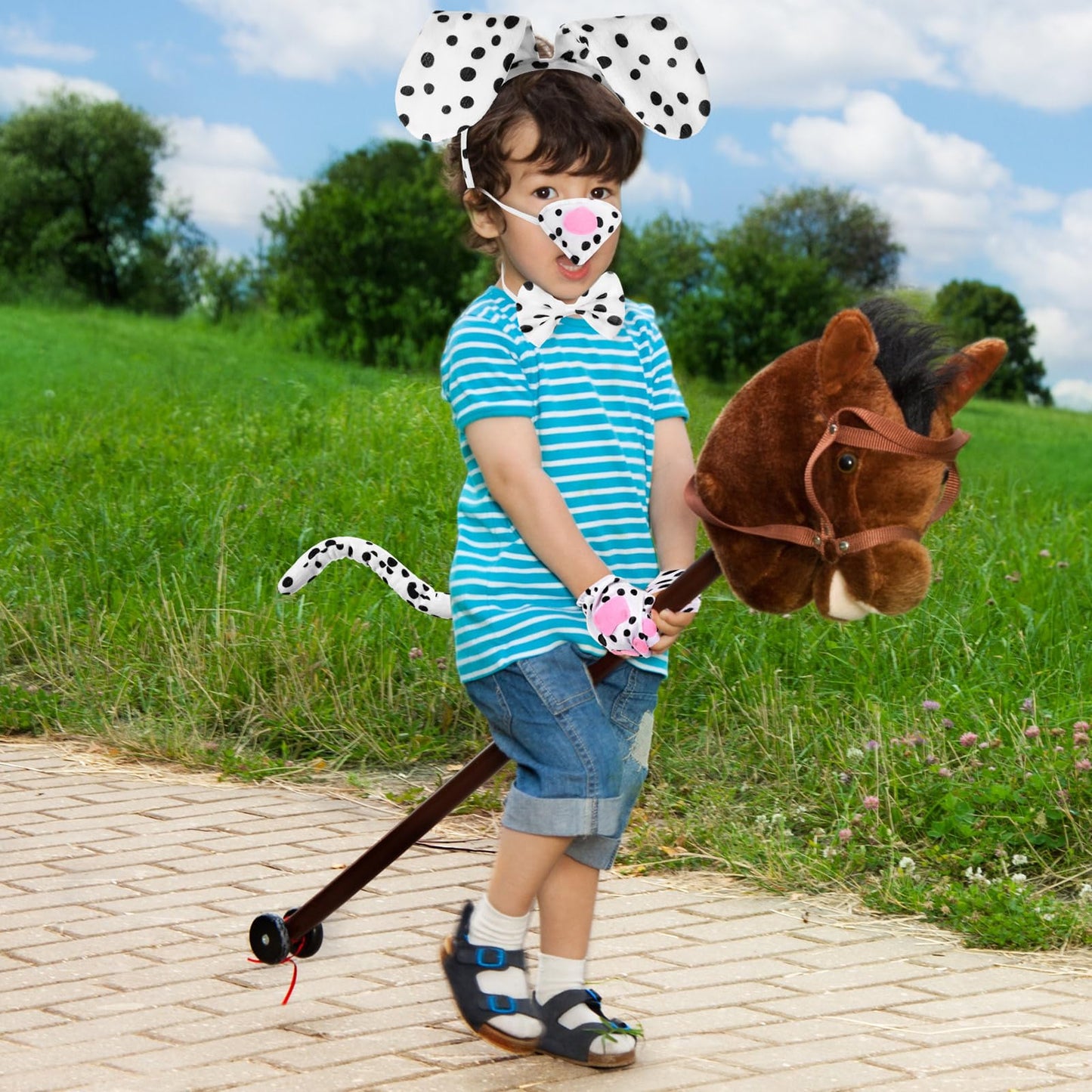 Syhood Puppy Dog Costume Set Kids Dog Ears Headband Bowtie Nose Tail Paw Gloves Puppy Animal Costume For Halloween Carnival World Book Day(Black White,Classic Style)